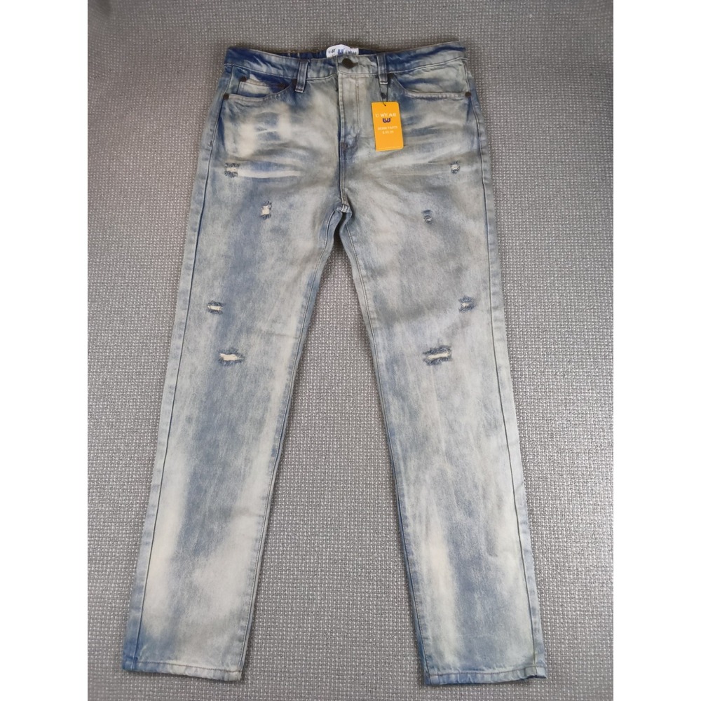 WU WEAR DENIM Mens JEANS NWT Light Wash Distressed 36x32"